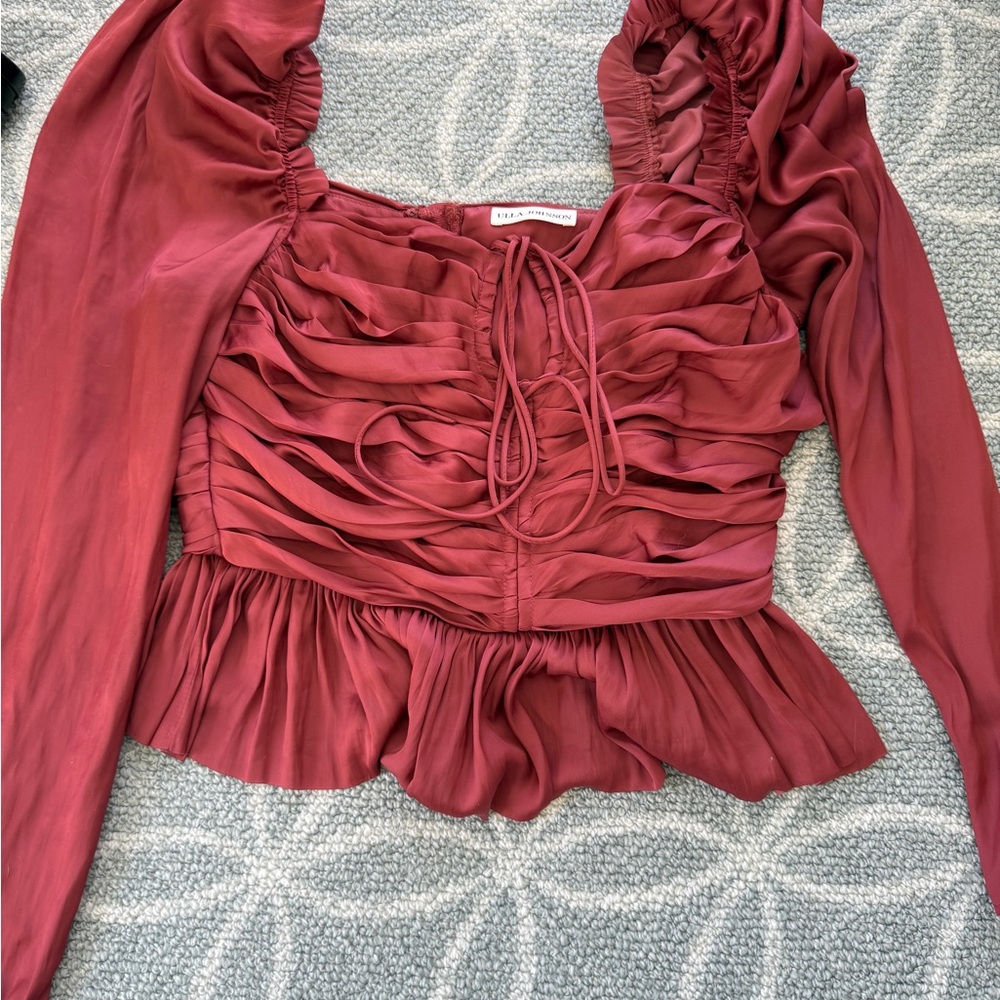 Ulla Johnson Mirelle Size 4 Ruched Satin Blouse Top Desert Rose Long Sleeved